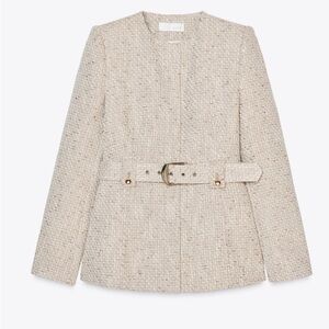 Womens Belted Tweed Jacket - Cream